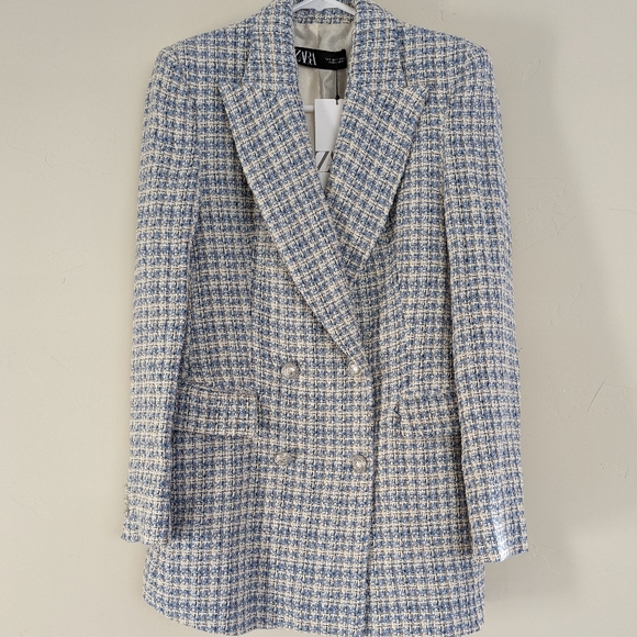 ZARA WOMAN NEW TEXTURED PLAID BLAZER DOUBLE BREASTED WHITE BLUE 8415/107 S - Picture 7 of 11